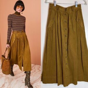 $475 Ulla Johnson Juliette Corduroy Pleated Skirt in Tapenade
